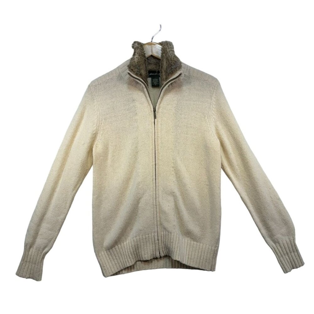 Eddie Bauer Womens Wool-Blend Full Zip Sweater Size M Beige Faux Fur Collar